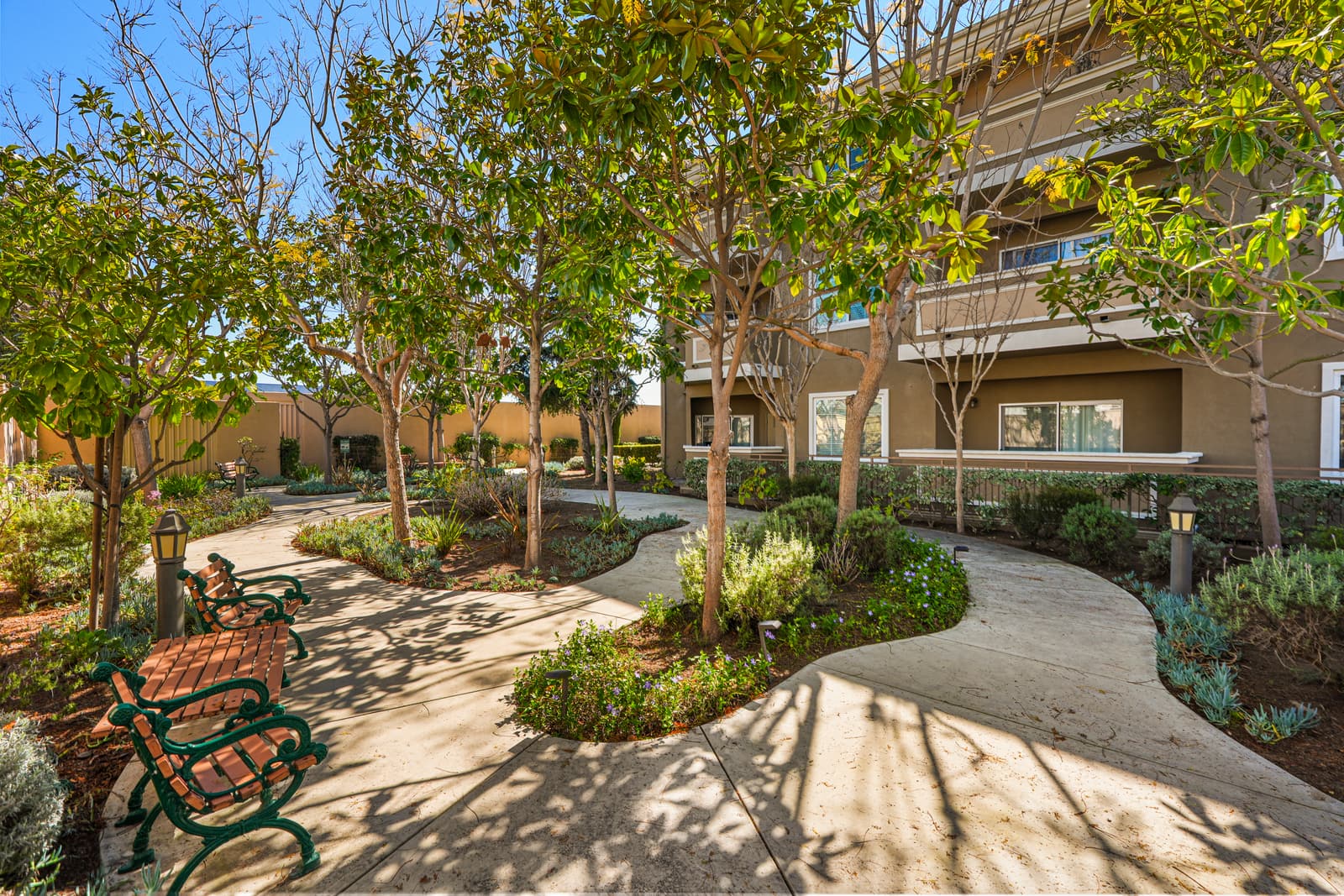 Landscaped courtyard with curving walkways, benches, and trees beside a multi-story residential building